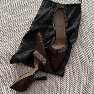 Gucci Women's Satin Snakeskin Dark Brown Heels